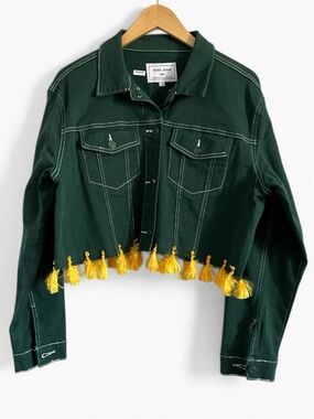 GOGO Dark Green Cropped Jean Jacket with Yellow Tassels